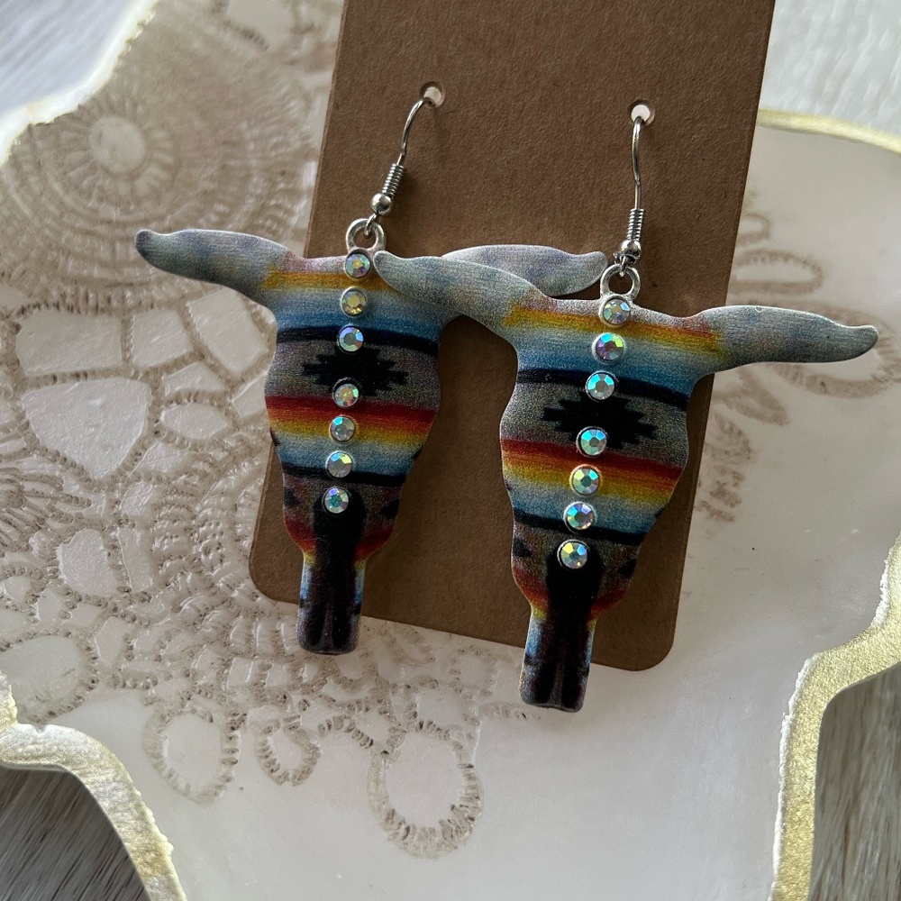 Metal Longhorn Earrings Cow Head Bull Head Steer Western Country Cowgirl - Picture 3 of 5